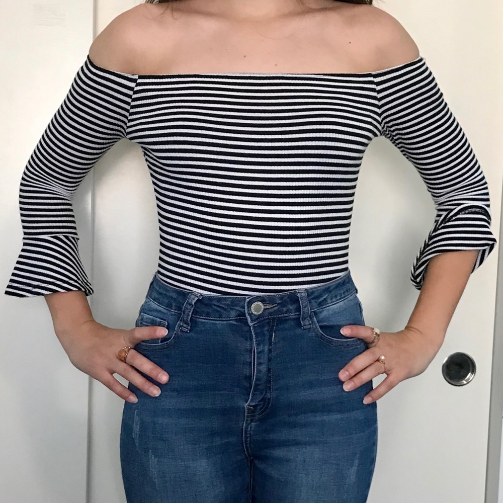 Off-the-shoulder Striped Bodysuit